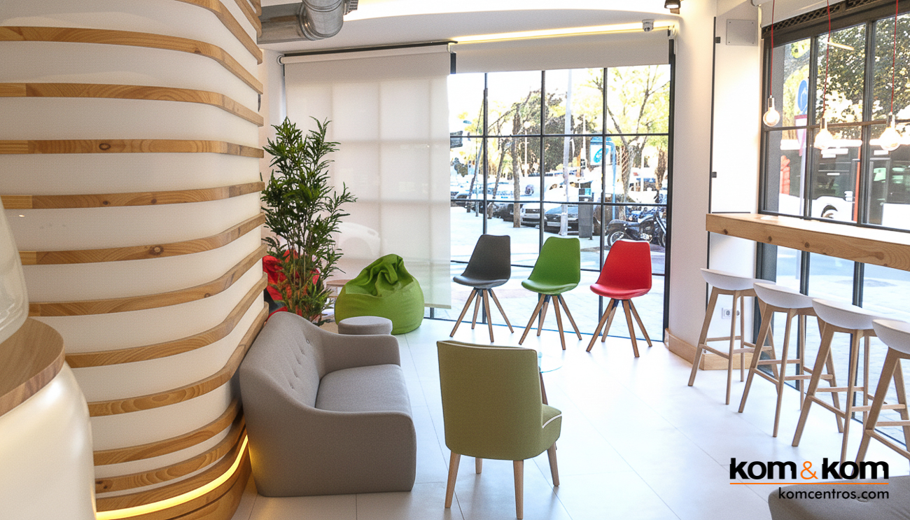 Receción de clínica denta de Alicante. Grandes cristaleras. Mucha luz. taburetes, sillones, sofá, sillas de colores. paredes blancas con listones estilo nórdico.
